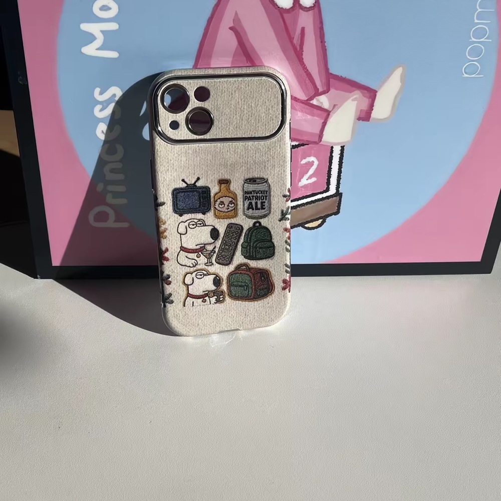 Cute Beige Phone Case with Embroidered Cartoon Icons